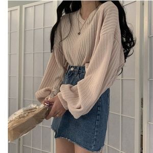 Lantern-Sleeve Knit Top Almond Cream Sweater